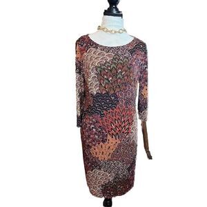 MSK Sz Small‎ stretchy comfy dress midi sheath Excellent Paisley Earth Tones EUC